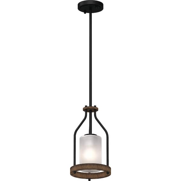 Volume Lighting Emery 1-Light Walnut & Black Indoor Mini Pendant with Frosted Glass Cylinder Shade