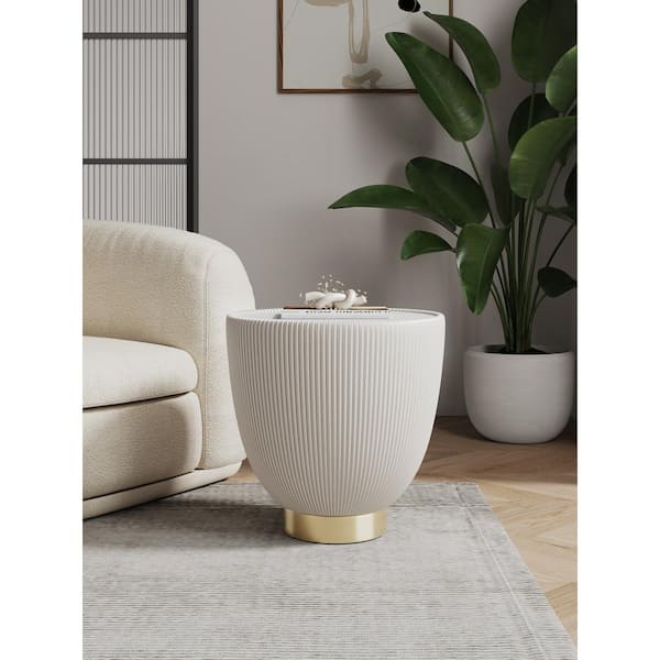 Anderson Modern 18.43 in. Cream Round Faux Marble Top Faux Leather Upholstered End Table