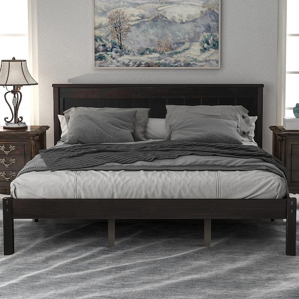 Brown Wood Frame Queen Size Platform Bed Frame with Headboard, Wood Slat Support, No Box Spring Needed