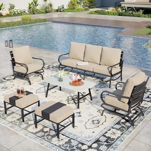 Black Slatted 7-Seat 6-Piece Metal Outdoor Patio Conversation Set with Beige Cushions and Marble Pattern Table