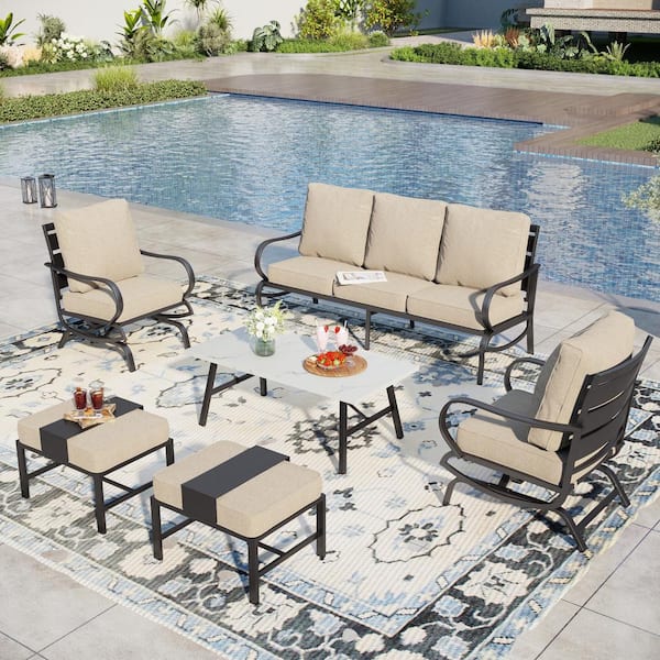 PHI VILLA Black Slatted 7-Seat 6-Piece Metal Outdoor Patio Conversation Set with Beige Cushions and Marble Pattern Table