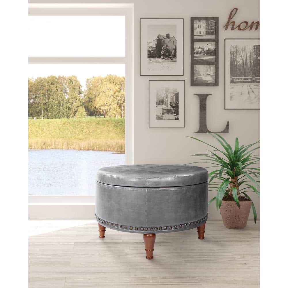 29" Round Pewter Faux Leather Storage Ottoman with Tray