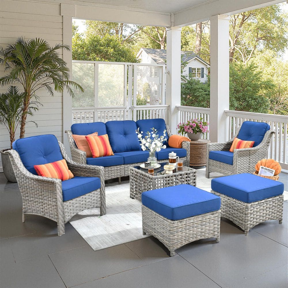 Verona Grey 6-Piece Wicker Modern Outdoor Patio Conversation Sofa Seating Set with Navy Blue Cushions price history on PriceWatchPro