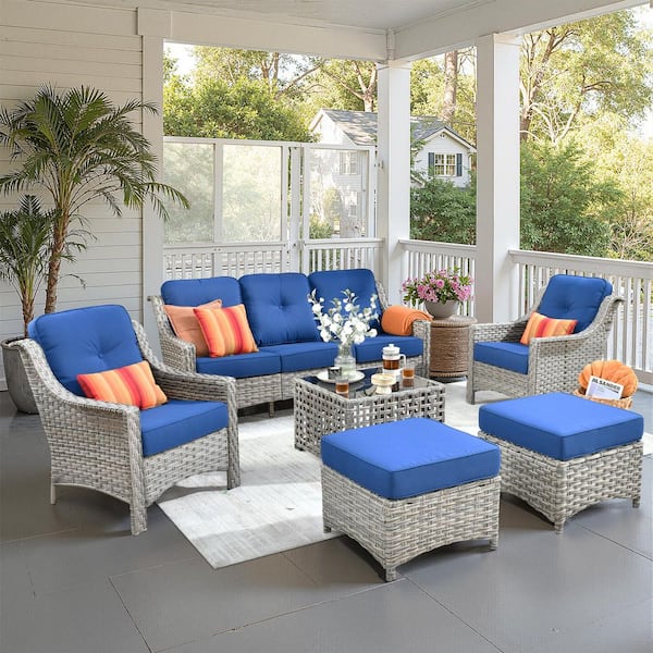 Verona Grey 6-Piece Wicker Modern Outdoor Patio Conversation Sofa Seating Set with Navy Blue Cushions