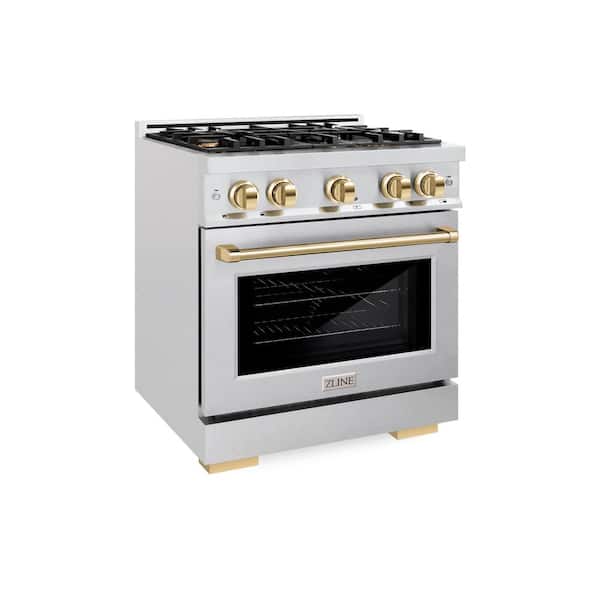 Autograph 30 in. Select Dual Fuel Range with 4 Burners and Convection Oven in Satin Steel with Polished Gold Accents