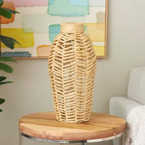 18 in. Brown Handmade Woven Jute Rope Decorative Vase with Chevron Pattern