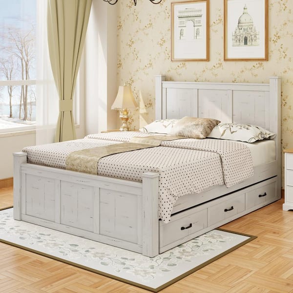 Ancient White Wood Frame Queen Size Platform Bed with 3 Drawers