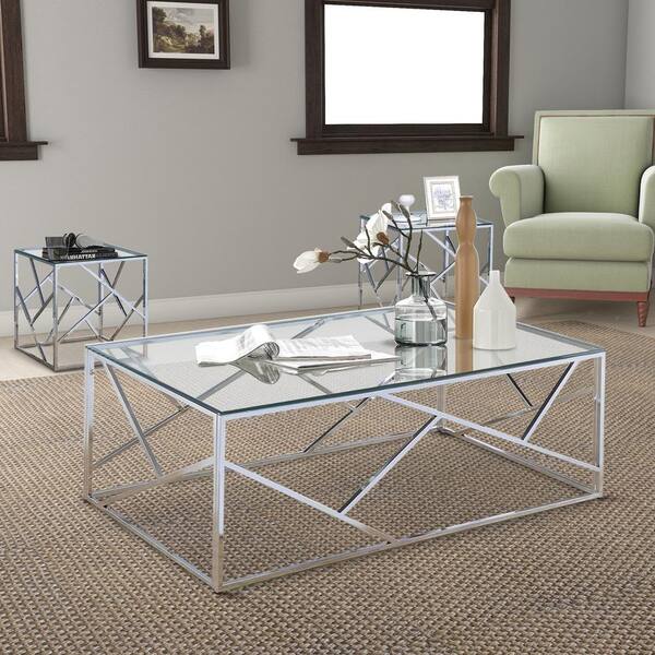 Benjara Industrial 47 25 In L Clear, 3 Piece Silver Living Room Table Set