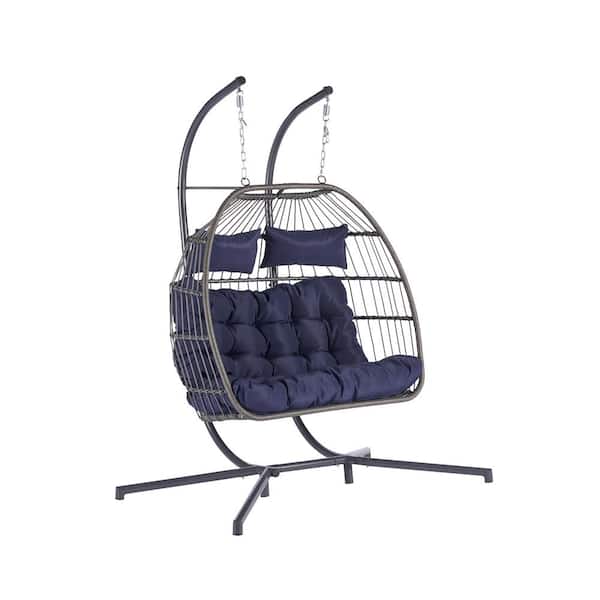 COOLSHARK Outdoor Foldable Patio Rattan Hanging Lounge Chair 480 lbs. Large Wicker Swing Egg Chair with Thik Dark Blue Cushions