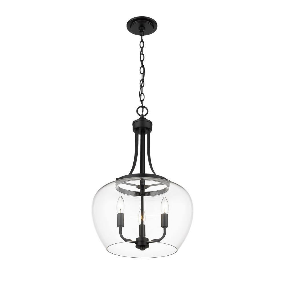 Matte Black Steel and Glass 3-Light Pendant