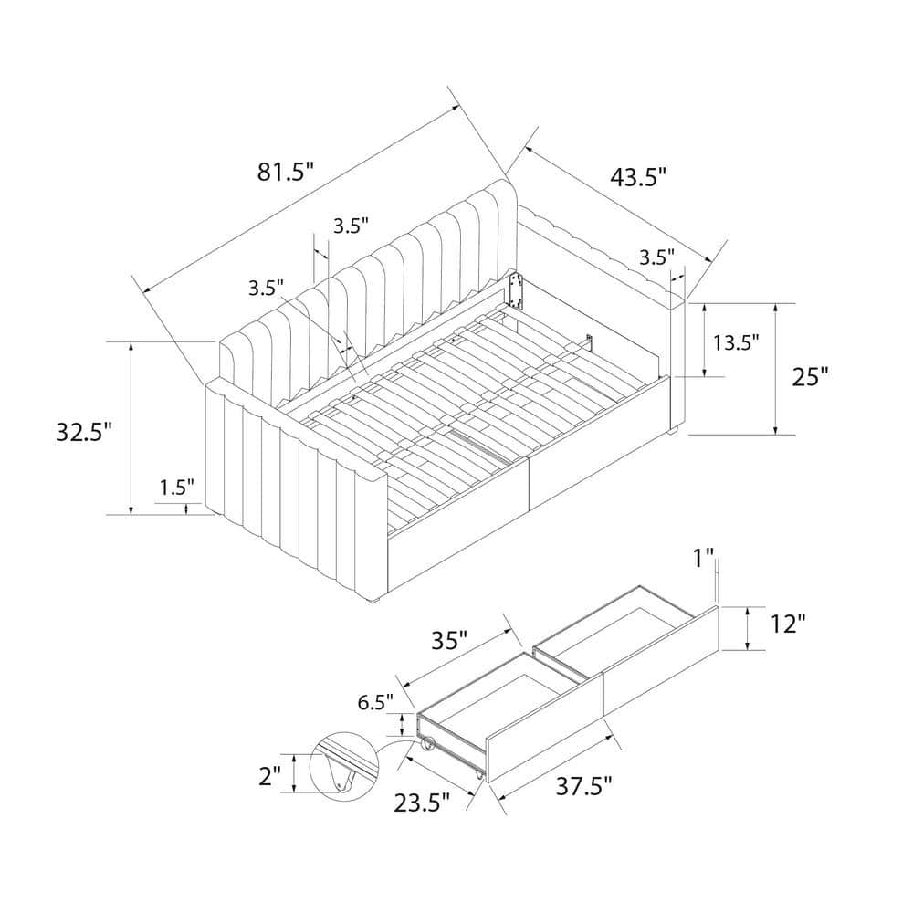 Twin Gray Linen Upholstered Daybed with Storage Drawers