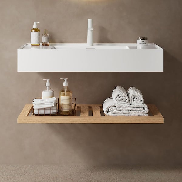 6.89 in. White Acrylic Wall-Mounted Bathroom Integrated Sink and Shelf