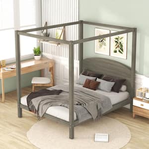 Brown Wood Frame Queen Size Canopy Bed with Headboard and Slat Support Legs