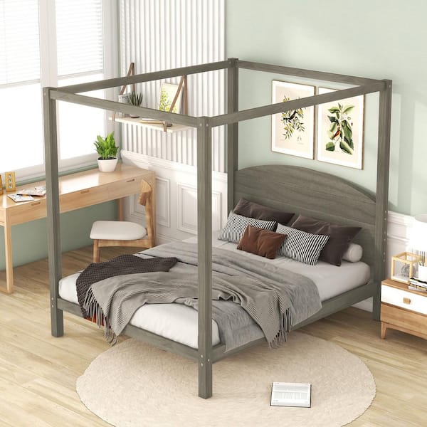 Harper & Bright Designs Brown Wood Frame Queen Size Canopy Bed with Headboard and Slat Support Legs