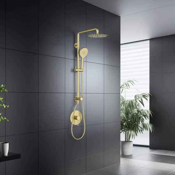 Circular Pressure Balanced 1.8 GPM Dual Handheld 1-Spray Wall Mount Shower Column with Rough in Valve Brushed Gold