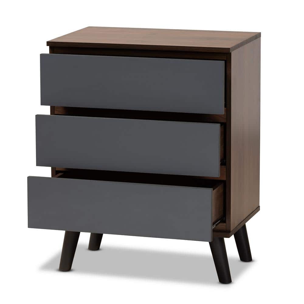 Mid-Century Walnut and Gray 3-Drawer Bedroom Chest