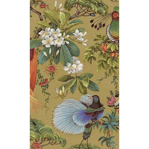 Ochre Painted Oriental Birds and Trees Tropical Shelf Liner Wallpaper Double Roll ( Non-Woven 57 Sq. ft.)