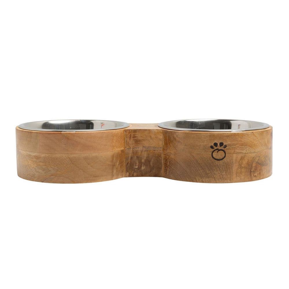 Small Mango Wood Elevated Double Pet Feeder with Stainless Steel Bowls