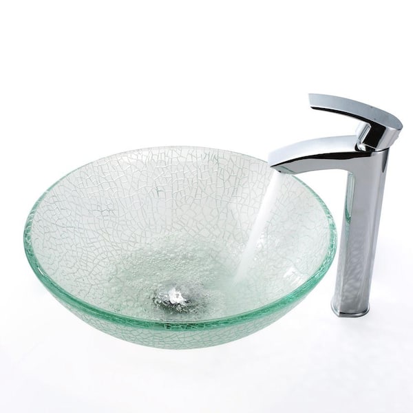 KRAUS Broken Glass Vessel Sink in Clear with Visio Faucet in Chrome