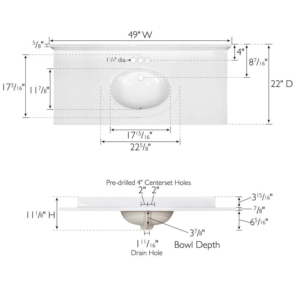 Solid White Cultured Marble Vanity Top with Oval Bowl, 49-Inch