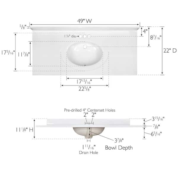 49 in. W x 22 in. D Cultured Marble Vanity Top in Solid White with Solid White Basin