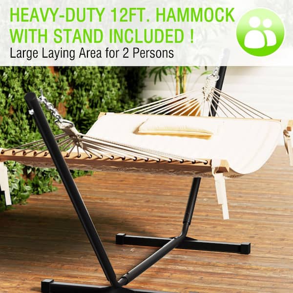 12 ft. Hammock with Stand for Outdoor, 2-Person Hammock Bed with Detachable Pillow, Beige