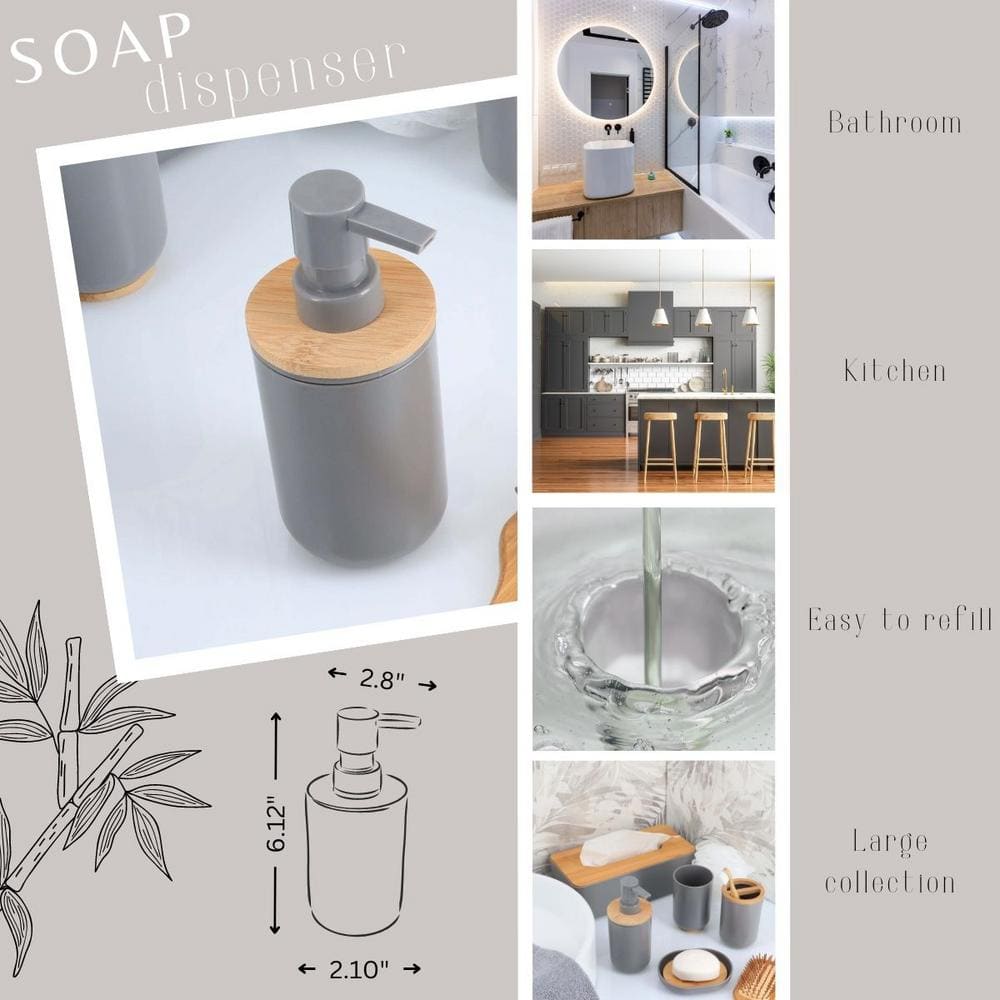 Gray and Bamboo Soap and Lotion Dispenser with Natural Top