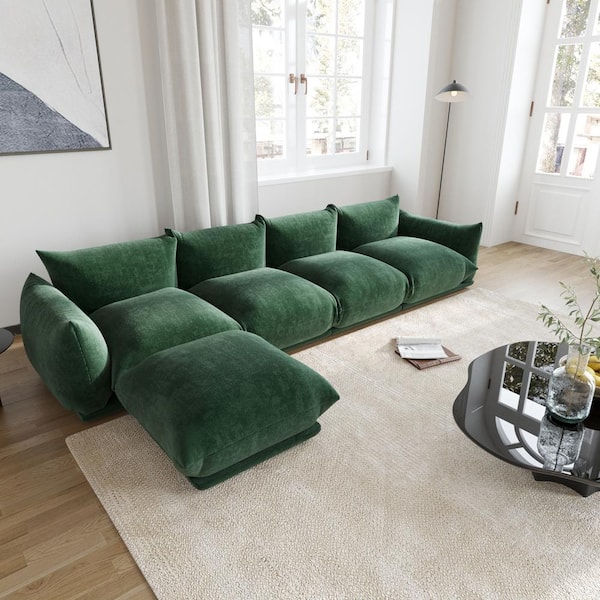 J&E Home 130.7 in. Square Arm 5-Piece Chenille Rectangle Modular Free Combination Sectional Sofa in Green with Ottoman