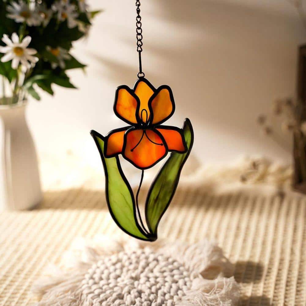 レディバード・ジョンソンワイルド・フラワーセンター ヴィンテージ ステンドグラス Yellow Iris Flower Stained Glass Art Glass Window HDC55F8YT9 - The