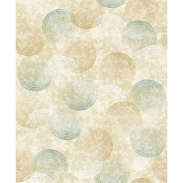 Dundee Deco Falkirk Ophia Circles, Dots Tan, White, Green Vinyl Peelable Roll (Covers 57 sq. ft.)