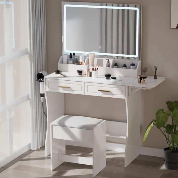 3-Drawers White Makeup Vanity Sets Dressing Table Sets with 3 Modes LED Lights Mirror, and Cushion Stool