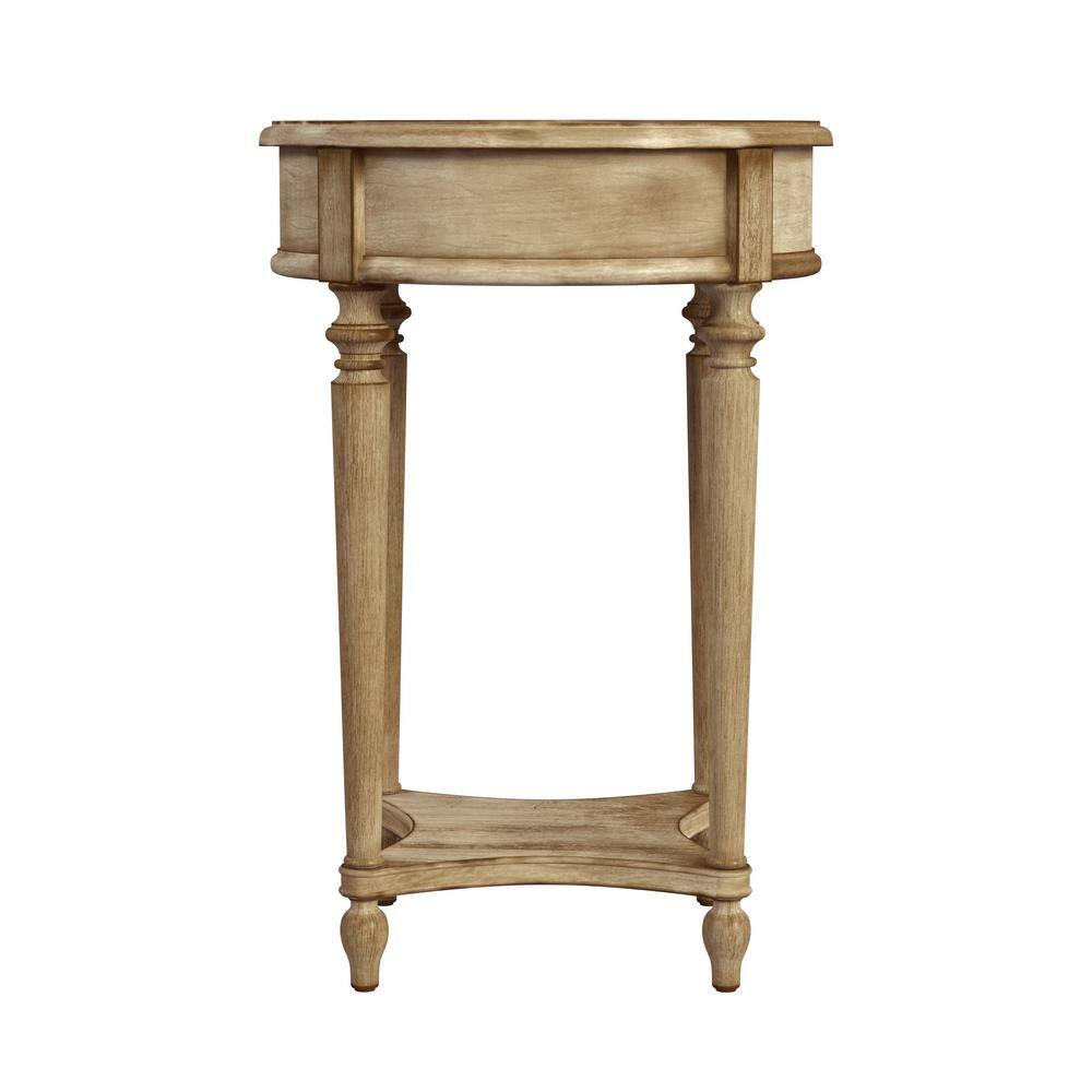 Antique Beige Round Wooden End Table with Storage Drawer