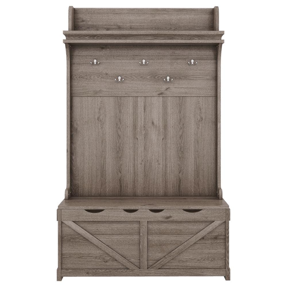 Oak Hall Tree with Storage Bench, Entryway Bench with Drawer and 5 Hooks, Coat Rack with Display Shelf