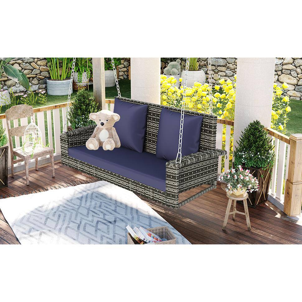 Blue-gray Wicker Porch Swing with Cushions and Galvanized Steel Frame
