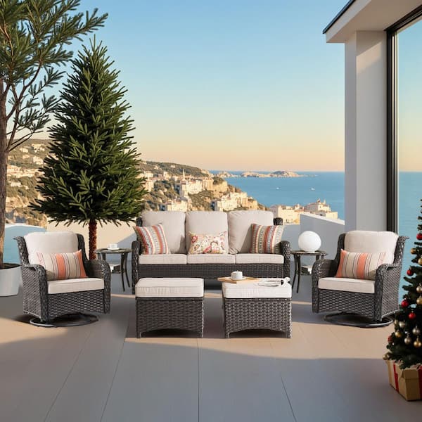 Moonlight Brown 7-Piece Wicker Patio Conversation Seating Sofa Set with Beige Cushions and Swivel Rocking Chairs