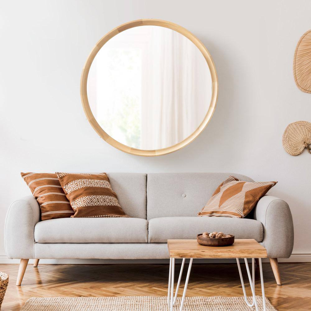 Hatherleigh 34-Inch Round Natural Wood Bathroom Vanity Mirror