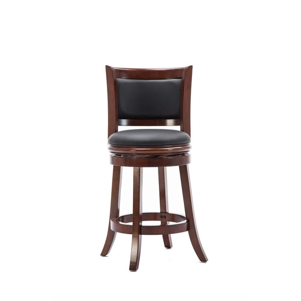 Cherry Wood Swivel Counter Stool with Black Leather Upholstery
