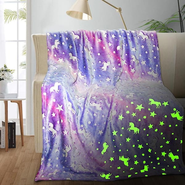 Multi-Color Twin Polyester Quilted Modern Unicorn Glow in The Dark Blanket 40 in. x 60 in. Washable