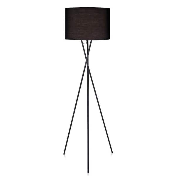 Cara Tripod Floor Lamp With Black Shade, Black Drum Shade Tripod Floor Lamp