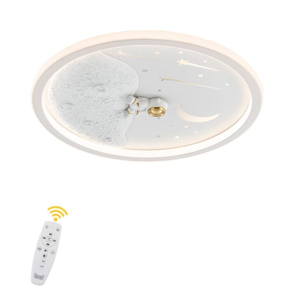 OUKANING 19.68 in. White Round Creative Astronaut Dimmable LED Flush Mount Ceiling Light with Remote for Bedroom Children's Room