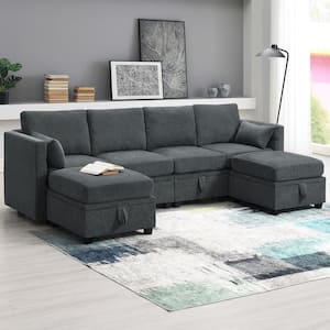 109 in. W 6-piece U Shaped Chenille Modular Sectional Sofa in Gray with Adjustable Armrests, Backrests and Storage Seats