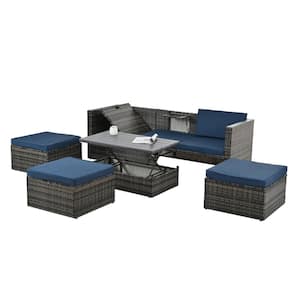 5-Pieces PE Wicker Patio Conversation Set, Outdoor Furniture Sectional Sofa, with Lift TOP Table and Dark Blue Cushions