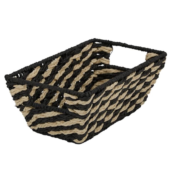 Small Striped Woven Basket Shelf Bin in Black