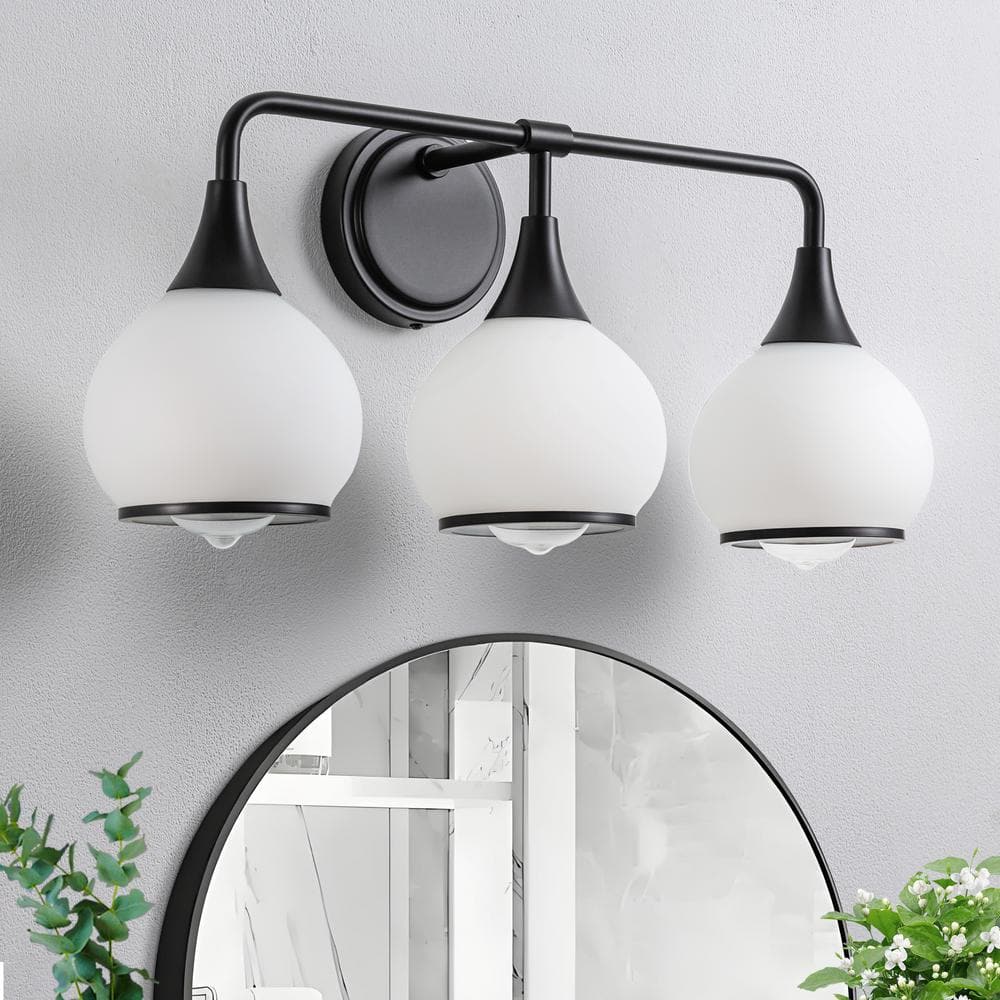 KAISITE 22.4 in. 3-Light Black Bathroom Vanity Light with Milky White ...