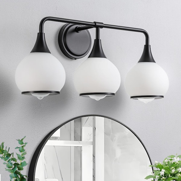 KAISITE 22.4 in. 3-Light Black Bathroom Vanity Light with Milky White Globe Glass Shades