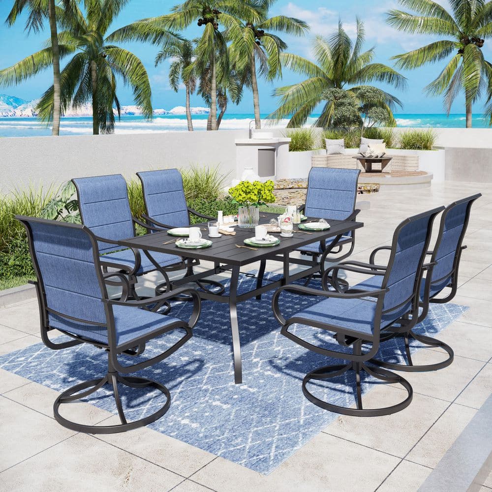 PHI VILLA Black 7-Piece Metal Outdoor Patio Dining Set with Slat