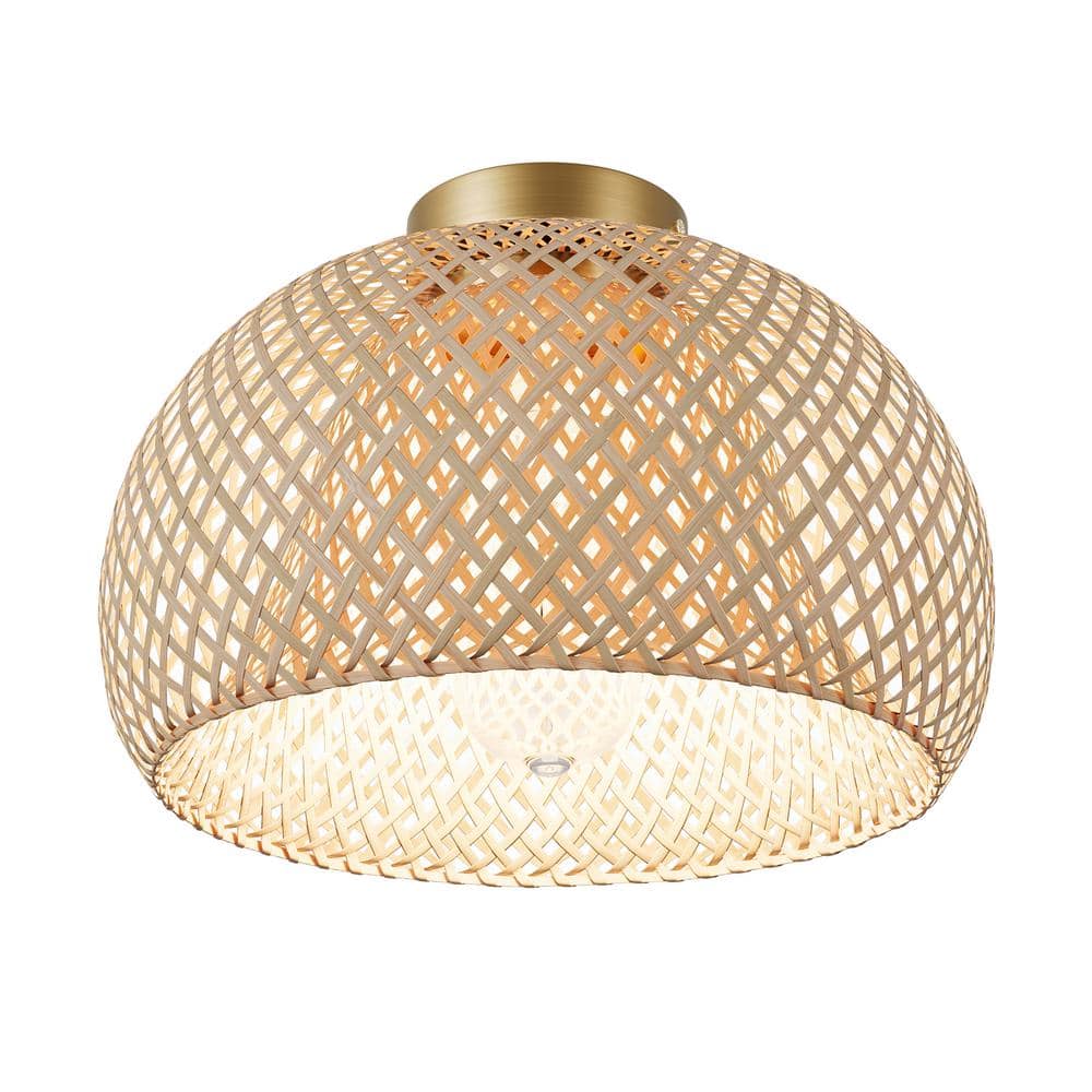 Bamboo 11.41 in. 1-Light Semi-Flush Mount Light Rustic Basket Handmade Wove