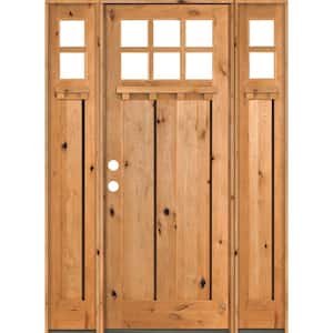 64 in. x 96 in. Craftsman Knotty Alder Clear 6-Lite Clear Stain Wood w.DS Right-Hand Single Prehung Front Door/Sidelites