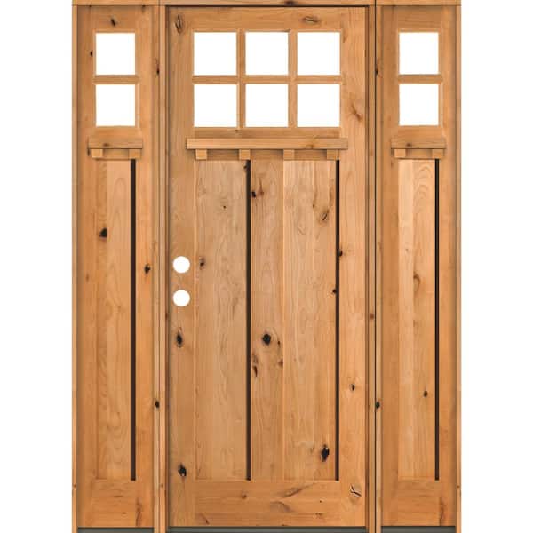 Krosswood Doors 70 in. x 96 in. Craftsman Knotty Alder Clear 6-Lite Clear Stain Wood w.DS Right Hand Single Prehung Front Door/Sidelites