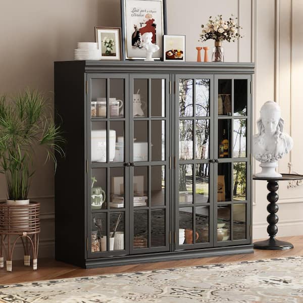 FUFU&GAGA Black Wood 47.2 in. H Storage Cabinet With Tempered Glass Doors